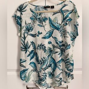 Tahari 100% Linen Floral Print Short Sleeve Blouse Women’s Size M